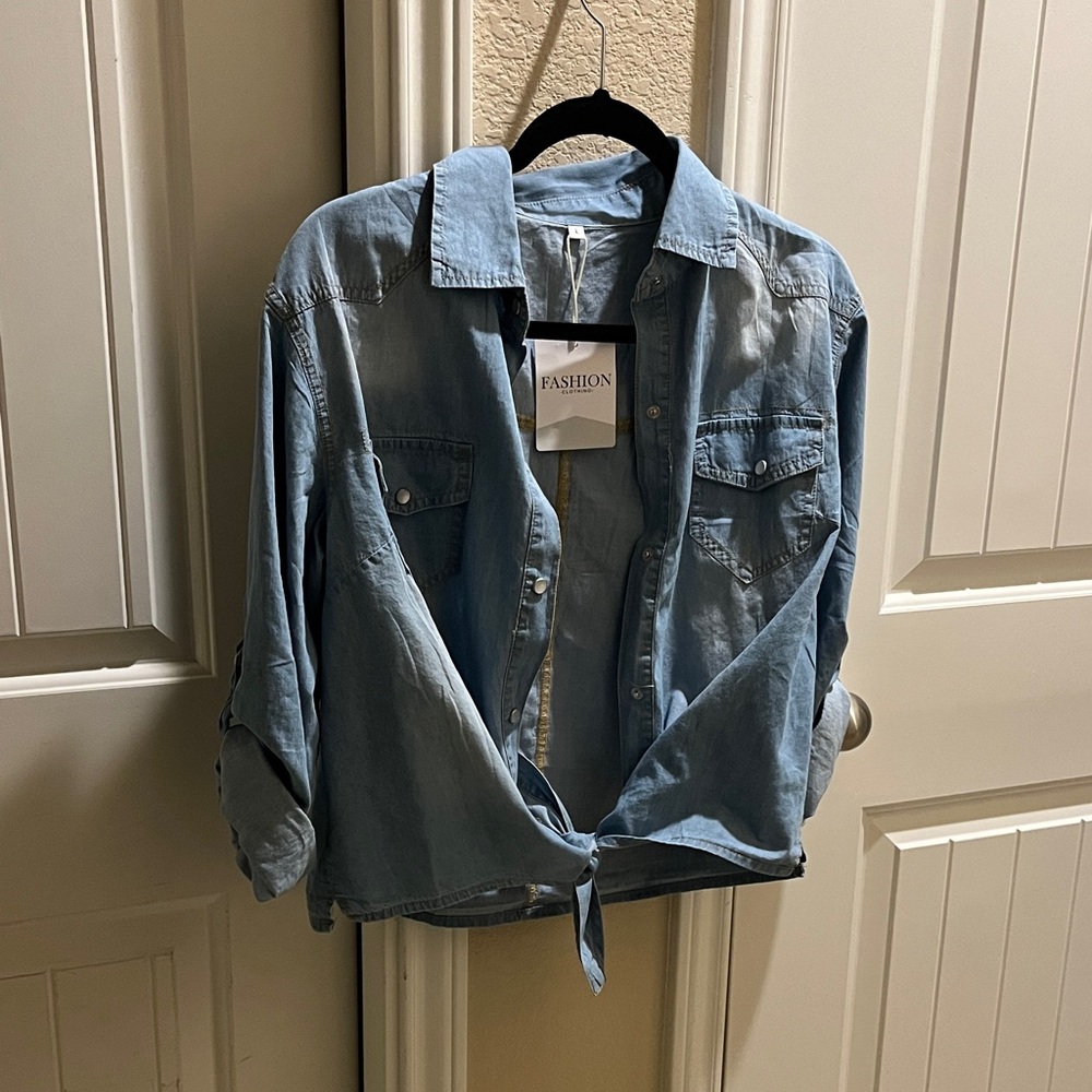 Omoone Women's 3/4 Sleeve Modern Denim Crop Top Tie Knot Shirt Cardigan NWT